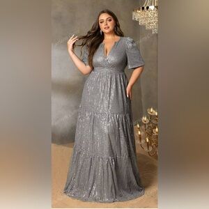 Faeriesty Plus-Size Formal Gown Deep V-Neckline, Short Sleeves A-Line Skirt
